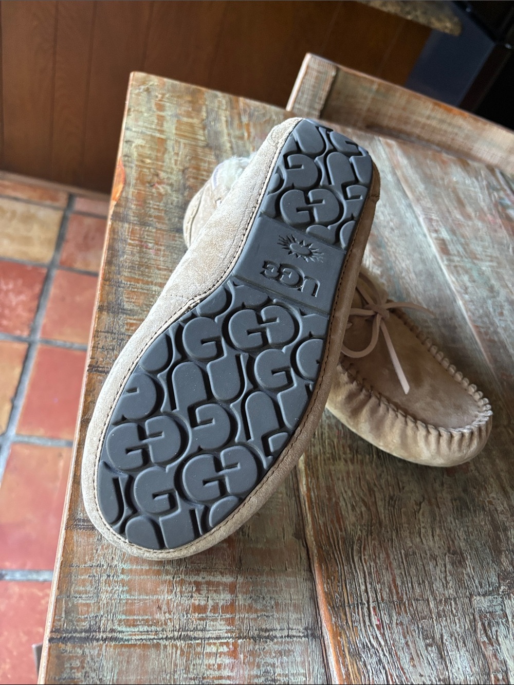 UGG Chestnut Suede Shearling Lined Moccasin Slippers - Picture 5 of 7